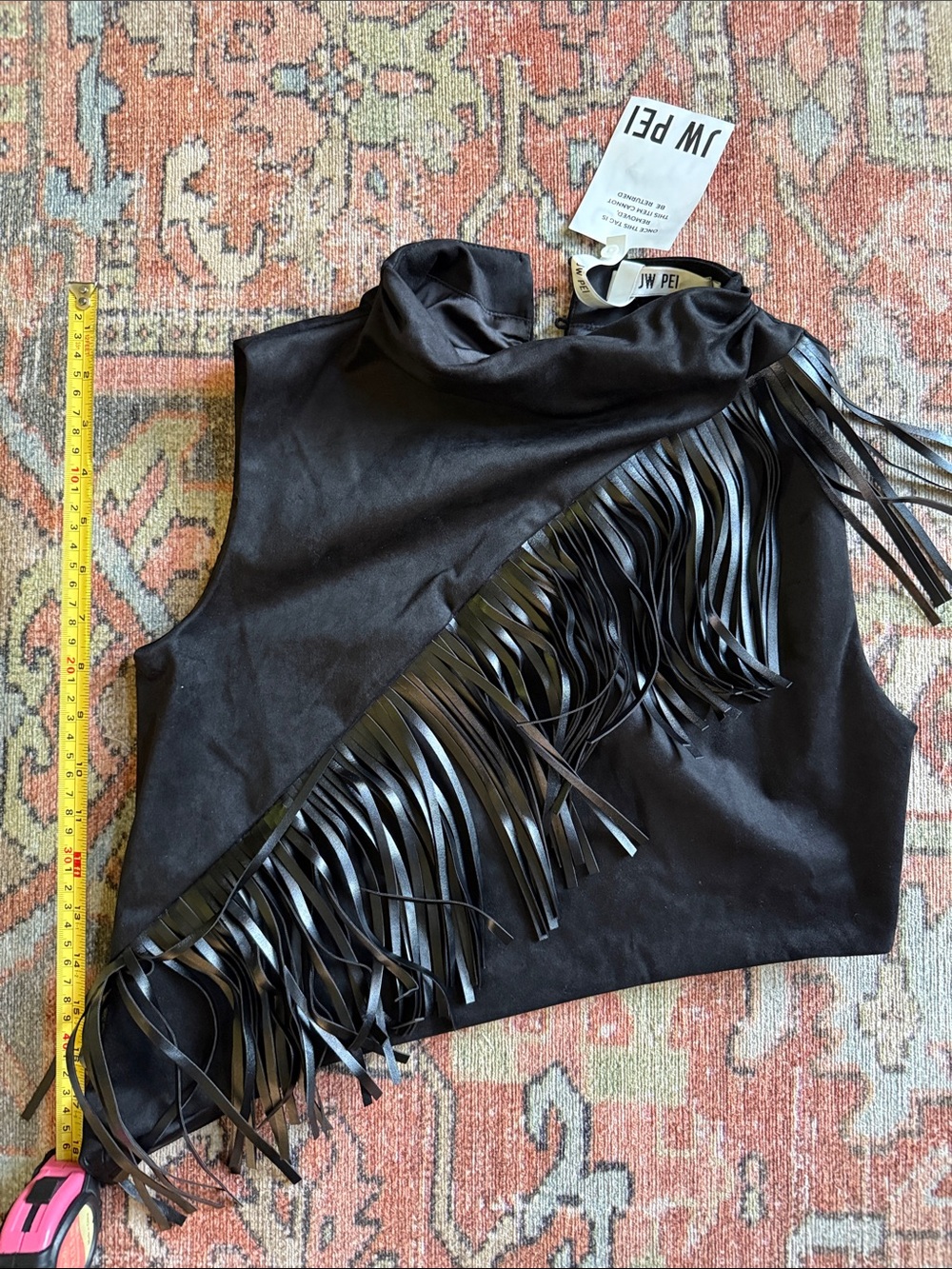 JW PEI Black Faux-Leather Fringe Crop Top
